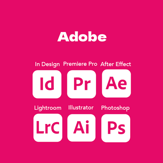 photoshop, illustrator, in design, premiere, after effet, lightroom